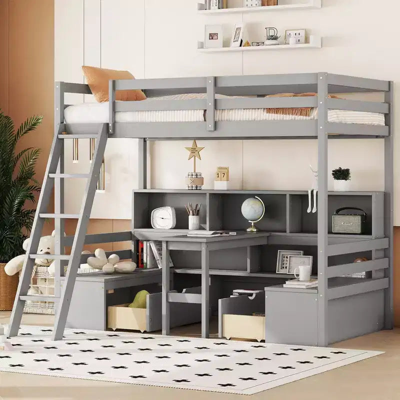 Lit superposé simple Okak de 79,53 pouces avec bureau, cadre de lit avec étagères de rangement, sièges et tiroirs, lit mezzanine simple pour chambre à coucher, chambre d'enfant