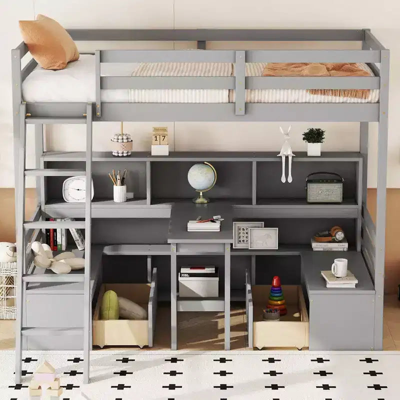 Lit superposé simple Okak de 79,53 pouces avec bureau, cadre de lit avec étagères de rangement, sièges et tiroirs, lit mezzanine simple pour chambre à coucher, chambre d'enfant