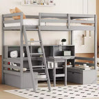 Lit superposé simple Okak de 79,53 pouces avec bureau, cadre de lit avec étagères de rangement, sièges et tiroirs, lit mezzanine simple pour chambre à coucher, chambre d'enfant