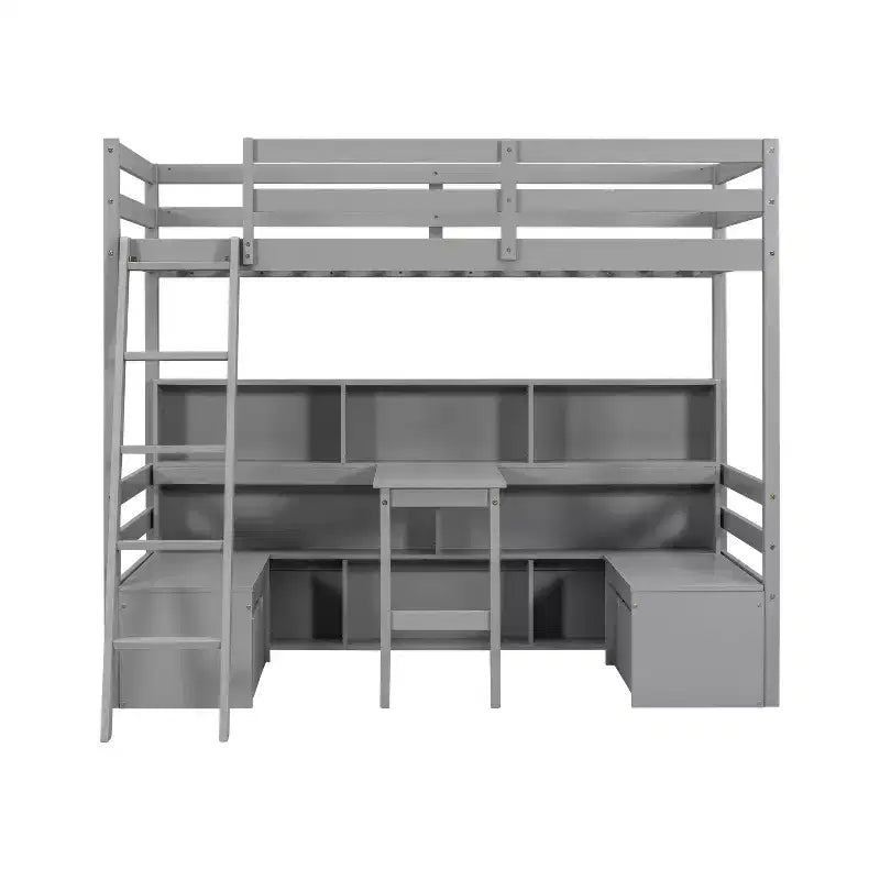 Lit superposé simple Okak de 79,53 pouces avec bureau, cadre de lit avec étagères de rangement, sièges et tiroirs, lit mezzanine simple pour chambre à coucher, chambre d'enfant