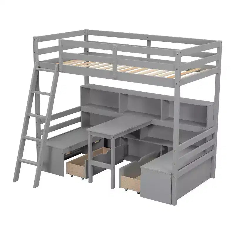 Lit superposé simple Okak de 79,53 pouces avec bureau, cadre de lit avec étagères de rangement, sièges et tiroirs, lit mezzanine simple pour chambre à coucher, chambre d'enfant