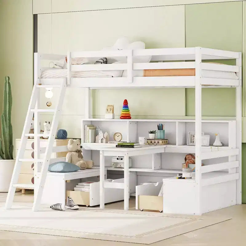 Lit superposé simple Okak de 79,53 pouces avec bureau, cadre de lit avec étagères de rangement, sièges et tiroirs, lit mezzanine simple pour chambre à coucher, chambre d'enfant