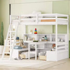 Lit superposé simple Okak de 79,53 pouces avec bureau, cadre de lit avec étagères de rangement, sièges et tiroirs, lit mezzanine simple pour chambre à coucher, chambre d'enfant