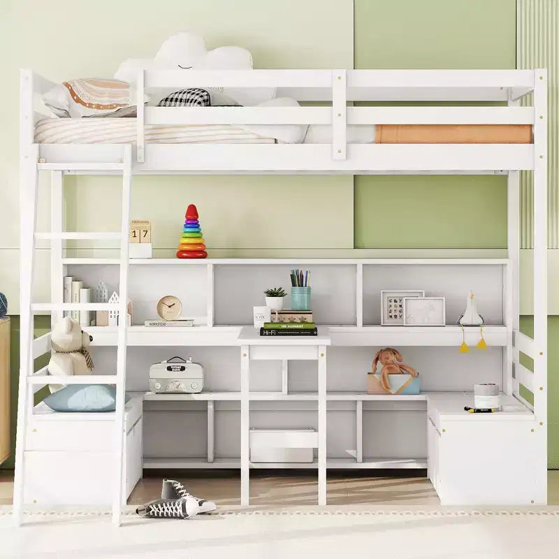Lit superposé simple Okak de 79,53 pouces avec bureau, cadre de lit avec étagères de rangement, sièges et tiroirs, lit mezzanine simple pour chambre à coucher, chambre d'enfant