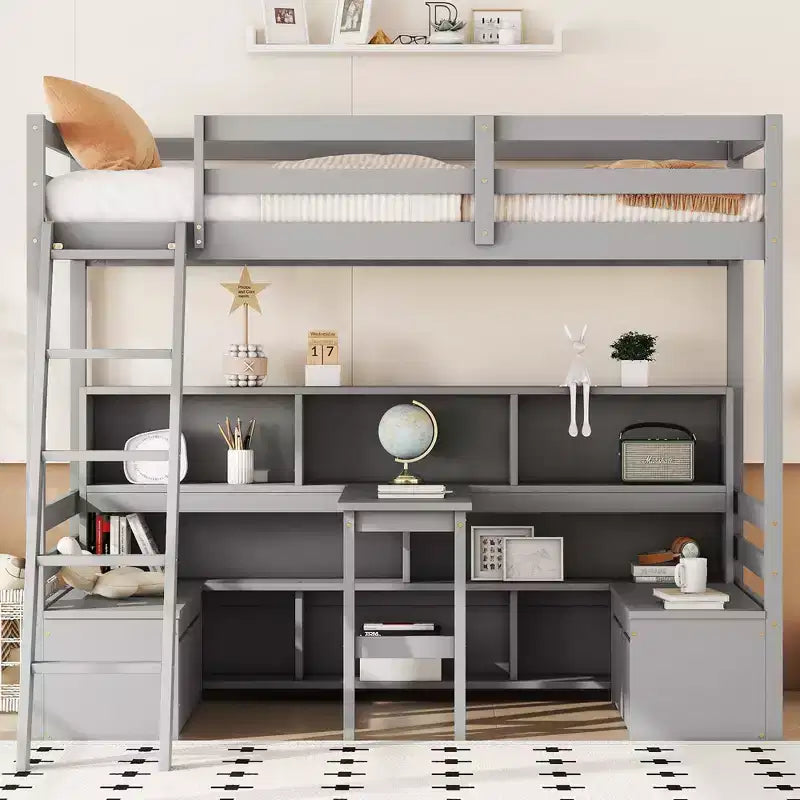 Lit superposé simple Okak de 79,53 pouces avec bureau, cadre de lit avec étagères de rangement, sièges et tiroirs, lit mezzanine simple pour chambre à coucher, chambre d'enfant