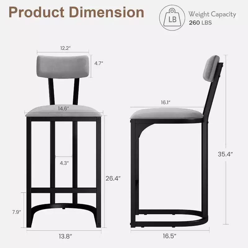 Lot de 2 tabourets de bar CuisinSmart, tabourets de bar hauts modernes avec dossier, tabourets de bar hauteur comptoir, tabourets de comptoir en métal rembourrés