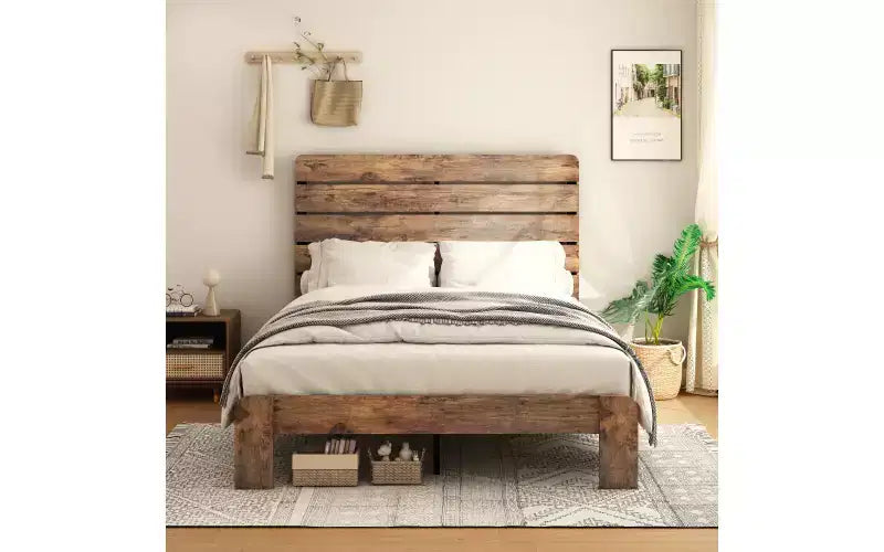 Cadre de lit double Zevemomo, cadre de lit double robuste, cadre de lit plateforme avec tête et pied de lit en bois, silencieux, aucun sommier tapissier requis, marron