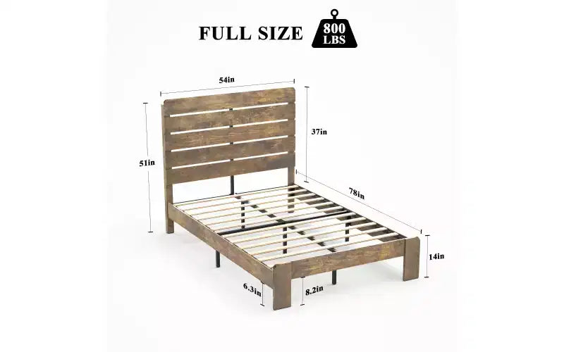 Cadre de lit double Zevemomo, cadre de lit double robuste, cadre de lit plateforme avec tête et pied de lit en bois, silencieux, aucun sommier tapissier requis, marron