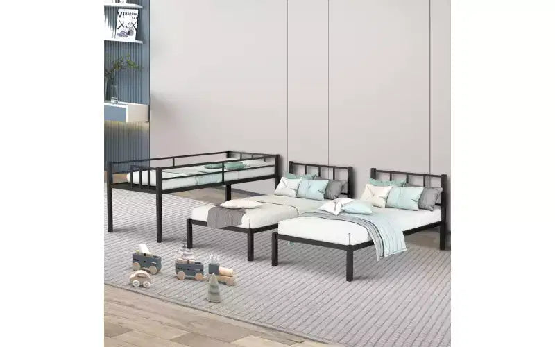 Zevemomo Lit superposé jumeau sur jumeau et jumeau XL, triple lit en métal avec protection de sécurité et échelle, 3 lits convertibles, pas de sommier tapissier requis, noir