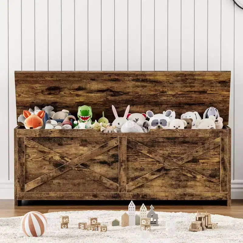 Coffre à jouets, Banc de rangement pour jouets en bois avec charnières, Montage facile, Grand coffre de rangement pour jouets, Boîte à jouets pour entrée, salon, chambre à coucher