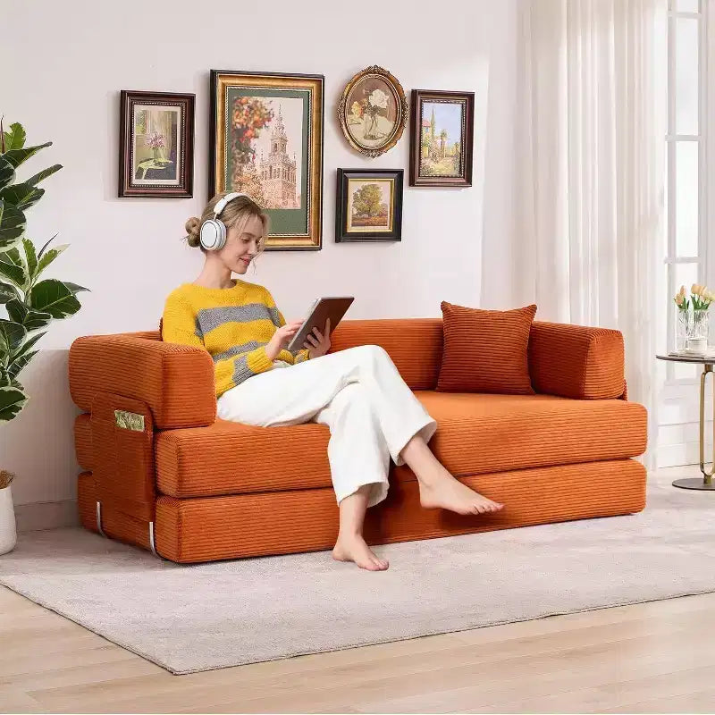 Canapé convertible, Lit escamotable avec 2 oreillers, Canapé convertible sans cadre en velours côtelé moelleux, Aucun assemblage requis pour le salon, la chambre à coucher
