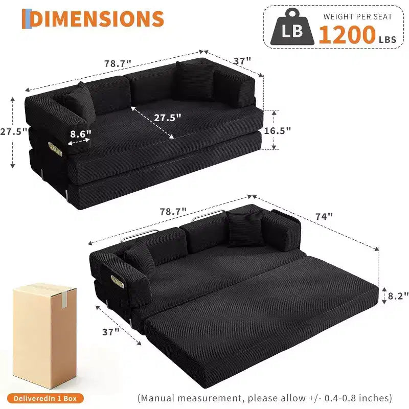 Canapé convertible, Lit escamotable avec 2 oreillers, Canapé convertible sans cadre en velours côtelé moelleux, Aucun assemblage requis pour le salon, la chambre à coucher