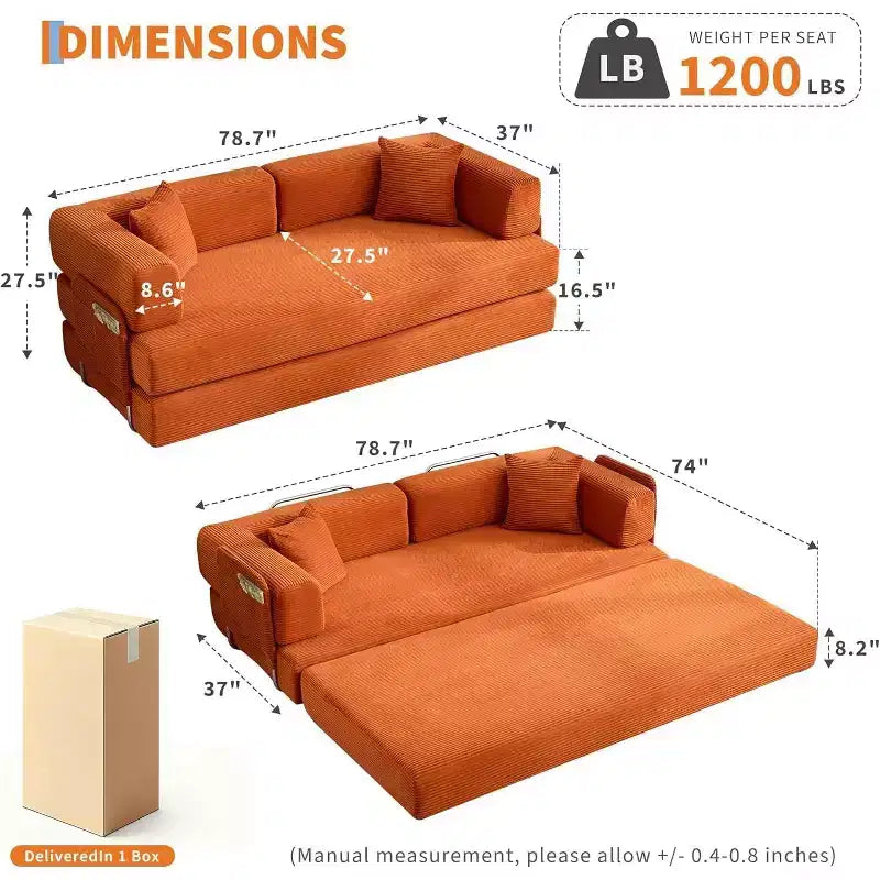 Canapé convertible, Lit escamotable avec 2 oreillers, Canapé convertible sans cadre en velours côtelé moelleux, Aucun assemblage requis pour le salon, la chambre à coucher