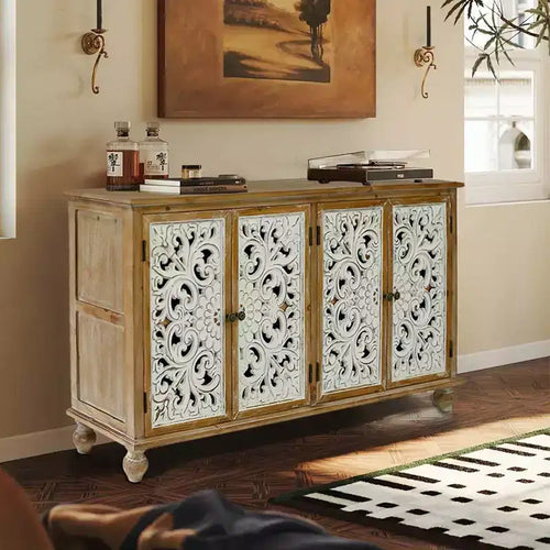 Buffet enfilade vintage 60 pouces avec rangement, meuble d'appoint sculpté creux à 4 portes, style ferme française pour cuisine, salon, salle à manger