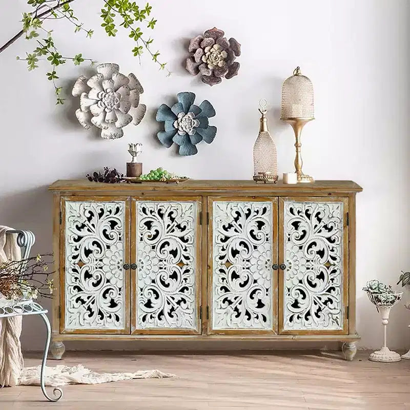 Buffet enfilade vintage 60 pouces avec rangement, meuble d'appoint sculpté creux à 4 portes, style ferme française pour cuisine, salon, salle à manger