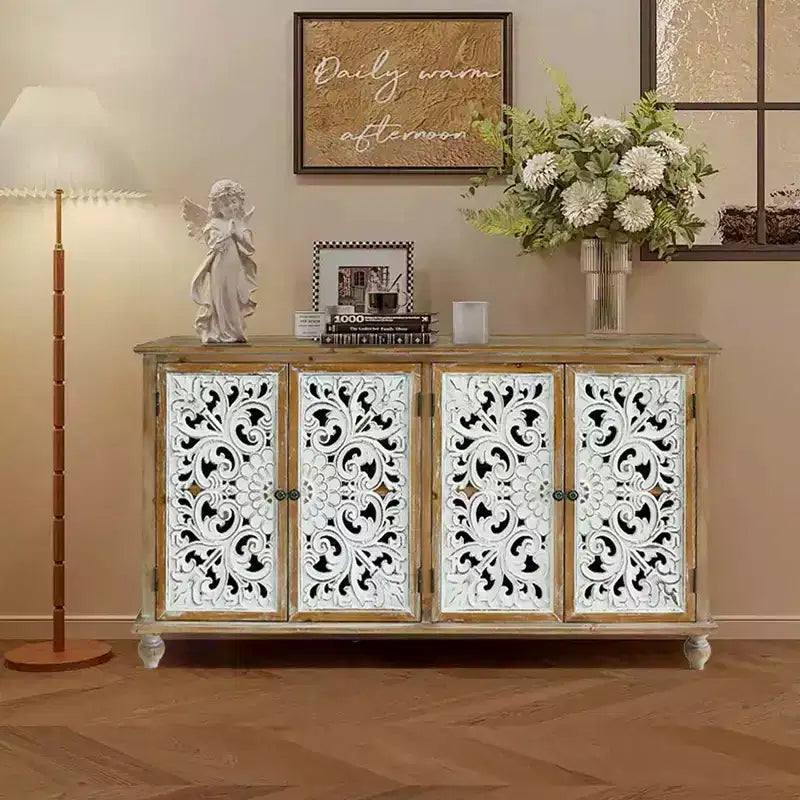 Buffet enfilade vintage 60 pouces avec rangement, meuble d'appoint sculpté creux à 4 portes, style ferme française pour cuisine, salon, salle à manger