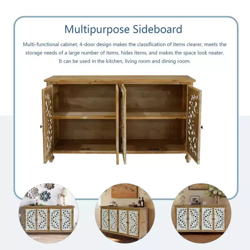 Buffet enfilade vintage 60 pouces avec rangement, meuble d'appoint sculpté creux à 4 portes, style ferme française pour cuisine, salon, salle à manger