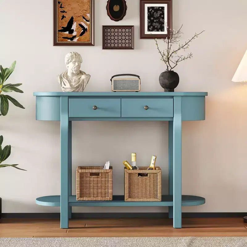 Table console élégante Okak avec finition lisse, table d'entrée avec design incurvé et 2 tiroirs, table d'appoint pour salon, couloir