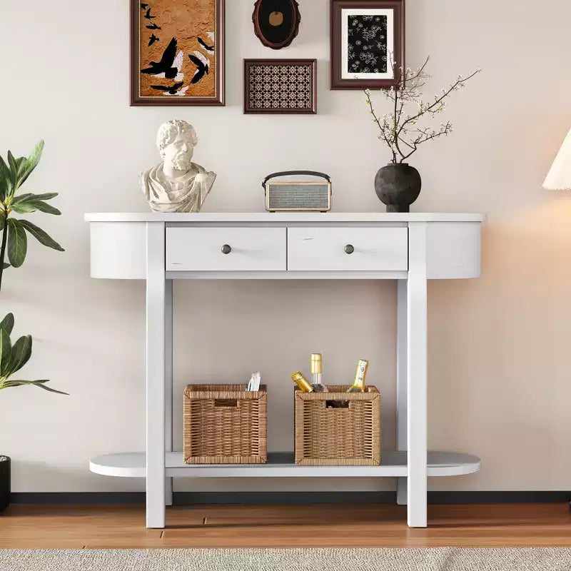 Table console élégante Okak avec finition lisse, table d'entrée avec design incurvé et 2 tiroirs, table d'appoint pour salon, couloir