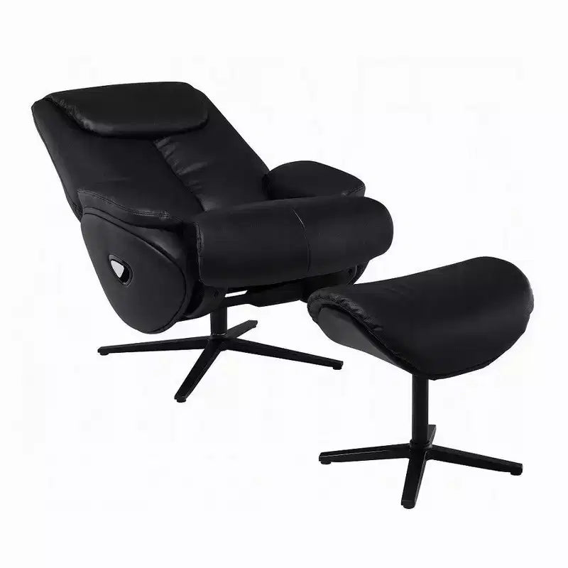 Fauteuil d'appoint pivotant Royal Hampton avec pouf, cuir pleine fleur noir moelleux