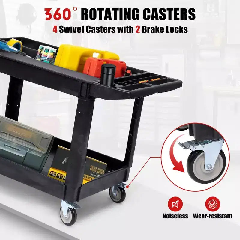 Chariot de service lourd à 2 niveaux CuisinSmart, chariot utilitaire roulant avec roues pivotantes à 360° et étagère surdimensionnée, pour entrepôt, garage, nettoyage