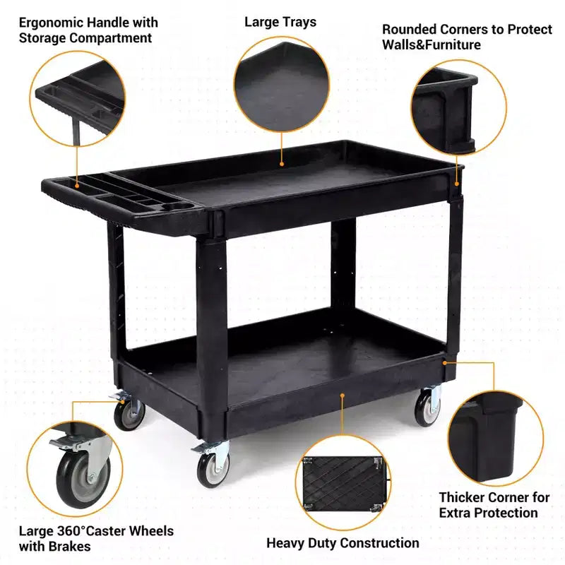Chariot de service lourd à 2 niveaux CuisinSmart, chariot utilitaire roulant avec roues pivotantes à 360° et étagère surdimensionnée, pour entrepôt, garage, nettoyage