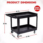 Chariot de service lourd à 2 niveaux CuisinSmart, chariot utilitaire roulant avec roues pivotantes à 360° et étagère surdimensionnée, pour entrepôt, garage, nettoyage