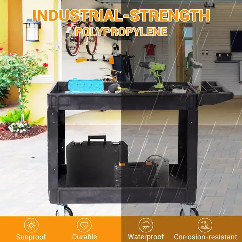 Chariot de service lourd à 2 niveaux CuisinSmart, chariot utilitaire roulant avec roues pivotantes à 360° et étagère surdimensionnée, pour entrepôt, garage, nettoyage