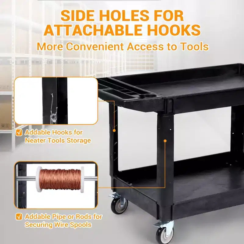 Chariot de service lourd à 2 niveaux CuisinSmart, chariot utilitaire roulant avec roues pivotantes à 360° et étagère surdimensionnée, pour entrepôt, garage, nettoyage