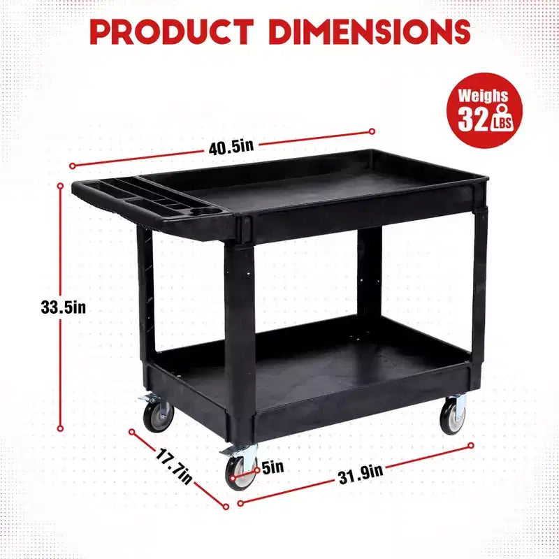Chariot de service lourd à 2 niveaux CuisinSmart, chariot utilitaire roulant avec roues pivotantes à 360° et étagère surdimensionnée, pour entrepôt, garage, nettoyage