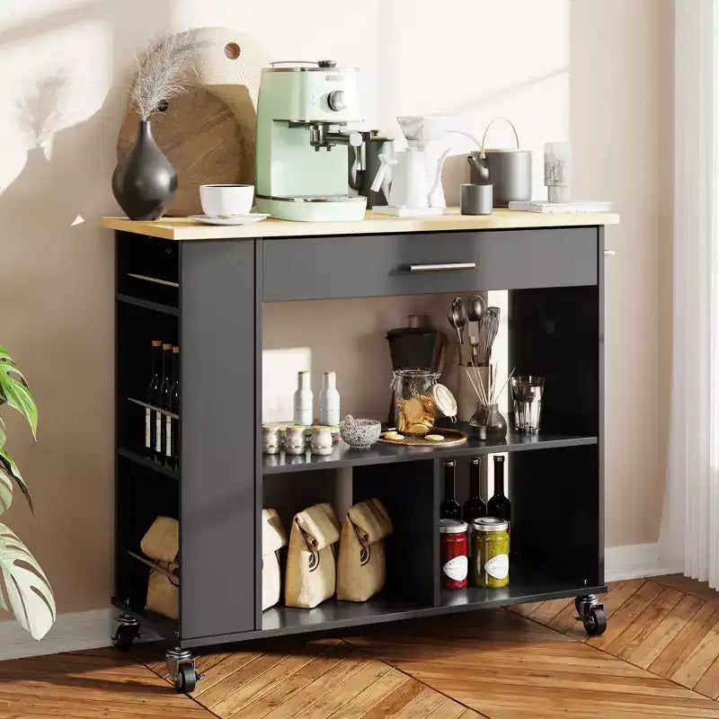 Îlot de cuisine roulant Celebalcony avec meuble de rangement. Comprend un porte-épices à 3 niveaux, des roulettes verrouillables et une poignée porte-serviettes, 2 étagères ouvertes pour la cuisine