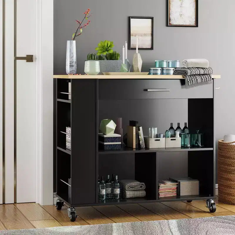 Îlot de cuisine roulant Celebalcony avec meuble de rangement. Comprend un porte-épices à 3 niveaux, des roulettes verrouillables et une poignée porte-serviettes, 2 étagères ouvertes pour la cuisine