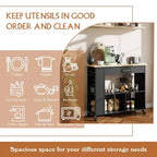 Îlot de cuisine roulant Celebalcony avec meuble de rangement. Comprend un porte-épices à 3 niveaux, des roulettes verrouillables et une poignée porte-serviettes, 2 étagères ouvertes pour la cuisine