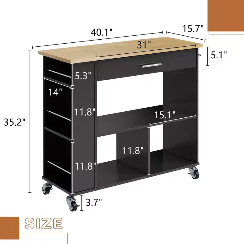 Îlot de cuisine roulant Celebalcony avec meuble de rangement. Comprend un porte-épices à 3 niveaux, des roulettes verrouillables et une poignée porte-serviettes, 2 étagères ouvertes pour la cuisine