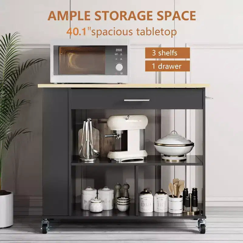 Îlot de cuisine roulant Celebalcony avec meuble de rangement. Comprend un porte-épices à 3 niveaux, des roulettes verrouillables et une poignée porte-serviettes, 2 étagères ouvertes pour la cuisine