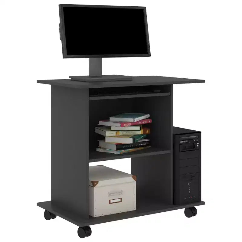 Bureau informatique en bois d'ingénierie gris, compact, à composants coulissants