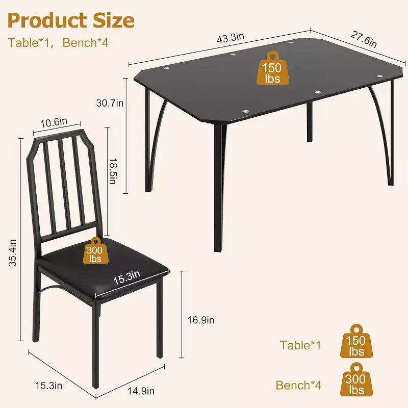 Ensemble table à manger en verre avec chaises rembourrées, bords chanfreinés, mobilier de salle à manger compact pour petits espaces, appartements et cuisines domestiques