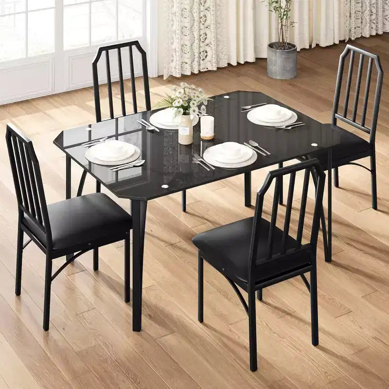 Ensemble table à manger en verre avec chaises rembourrées, bords chanfreinés, mobilier de salle à manger compact pour petits espaces, appartements et cuisines domestiques