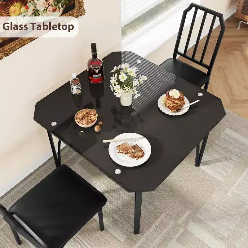 Ensemble table à manger en verre avec chaises rembourrées, bords chanfreinés, mobilier de salle à manger compact pour petits espaces, appartements et cuisines domestiques