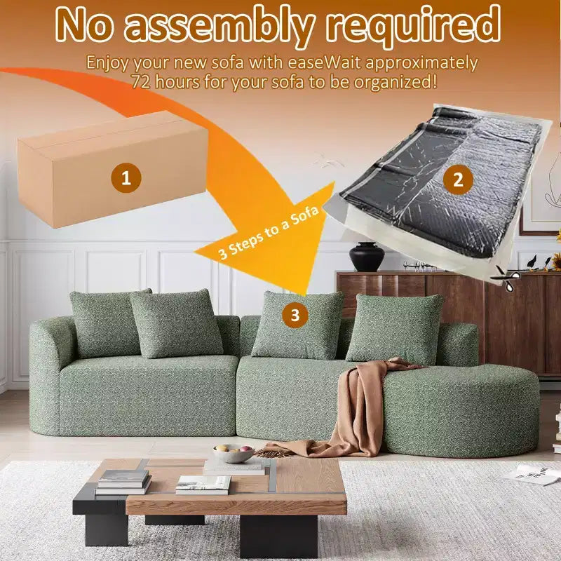Canapé nuage incurvé 4 places extra profond et large en chenille kaki de 284 cm avec 4 coussins, canapé modulable pour salon