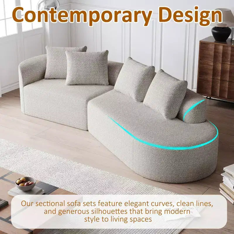 Canapé nuage incurvé 4 places extra profond et large en chenille kaki de 284 cm avec 4 coussins, canapé modulable pour salon