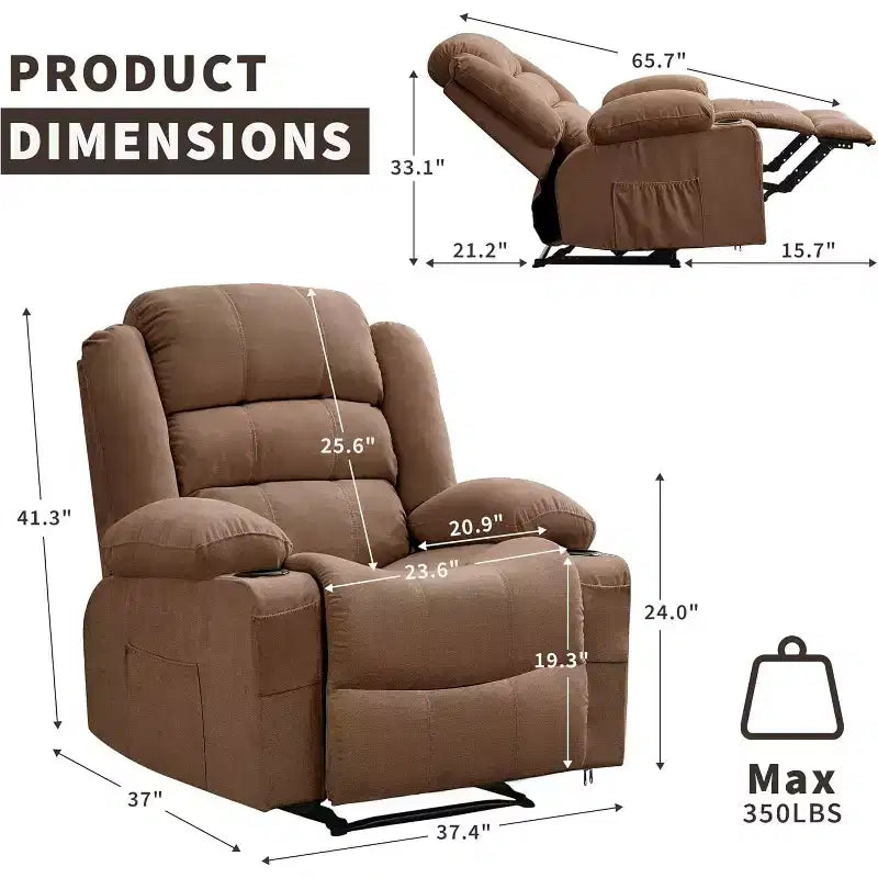 Fauteuil inclinable large en tissu surdimensionné avec languette manuelle, porte-gobelets, poche latérale, inclinaison 3 positions, canapé simple de style minimaliste