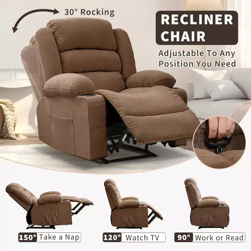 Fauteuil inclinable large en tissu surdimensionné avec languette manuelle, porte-gobelets, poche latérale, inclinaison 3 positions, canapé simple de style minimaliste