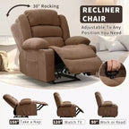Fauteuil inclinable large en tissu surdimensionné avec languette manuelle, porte-gobelets, poche latérale, inclinaison 3 positions, canapé simple de style minimaliste