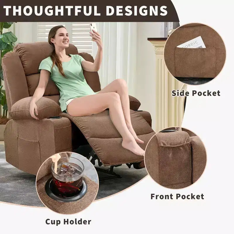 Fauteuil inclinable large en tissu surdimensionné avec languette manuelle, porte-gobelets, poche latérale, inclinaison 3 positions, canapé simple de style minimaliste