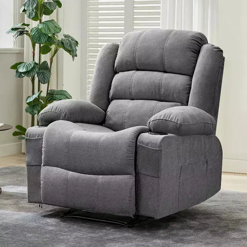 Fauteuil inclinable large en tissu surdimensionné avec languette manuelle, porte-gobelets, poche latérale, inclinaison 3 positions, canapé simple de style minimaliste