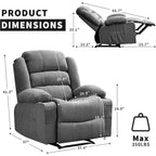 Fauteuil inclinable large en tissu surdimensionné avec languette manuelle, porte-gobelets, poche latérale, inclinaison 3 positions, canapé simple de style minimaliste