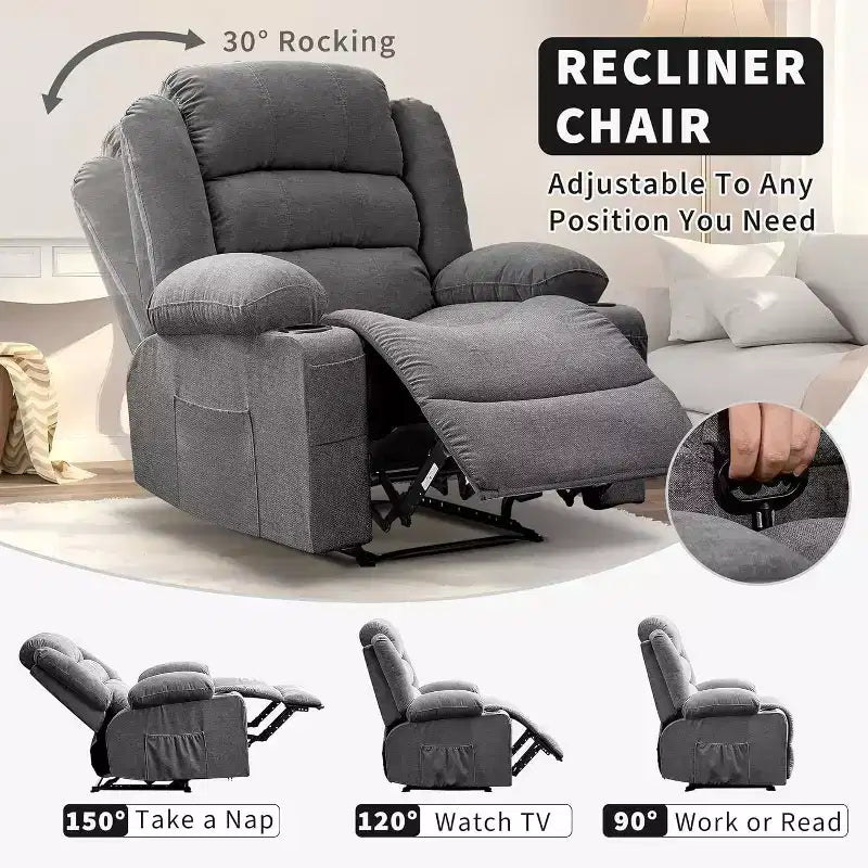 Fauteuil inclinable large en tissu surdimensionné avec languette manuelle, porte-gobelets, poche latérale, inclinaison 3 positions, canapé simple de style minimaliste