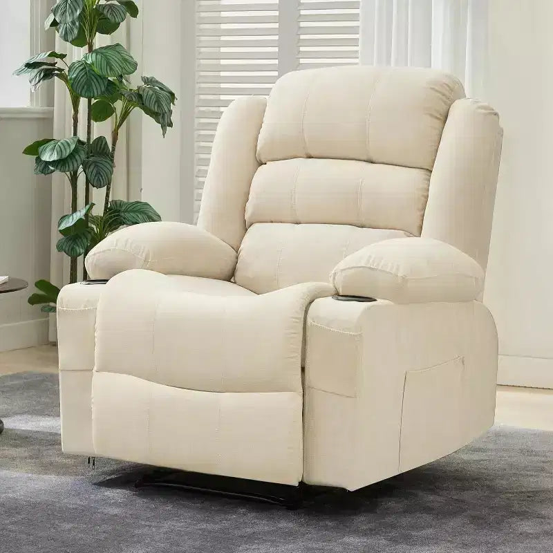 Fauteuil inclinable large en tissu surdimensionné avec languette manuelle, porte-gobelets, poche latérale, inclinaison 3 positions, canapé simple de style minimaliste