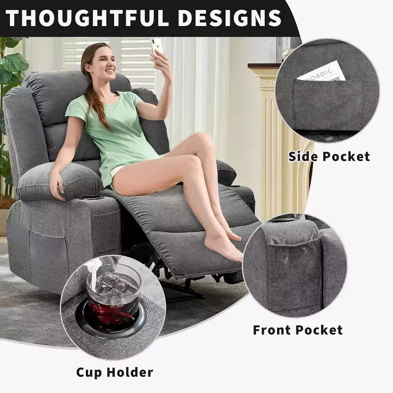 Fauteuil inclinable large en tissu surdimensionné avec languette manuelle, porte-gobelets, poche latérale, inclinaison 3 positions, canapé simple de style minimaliste
